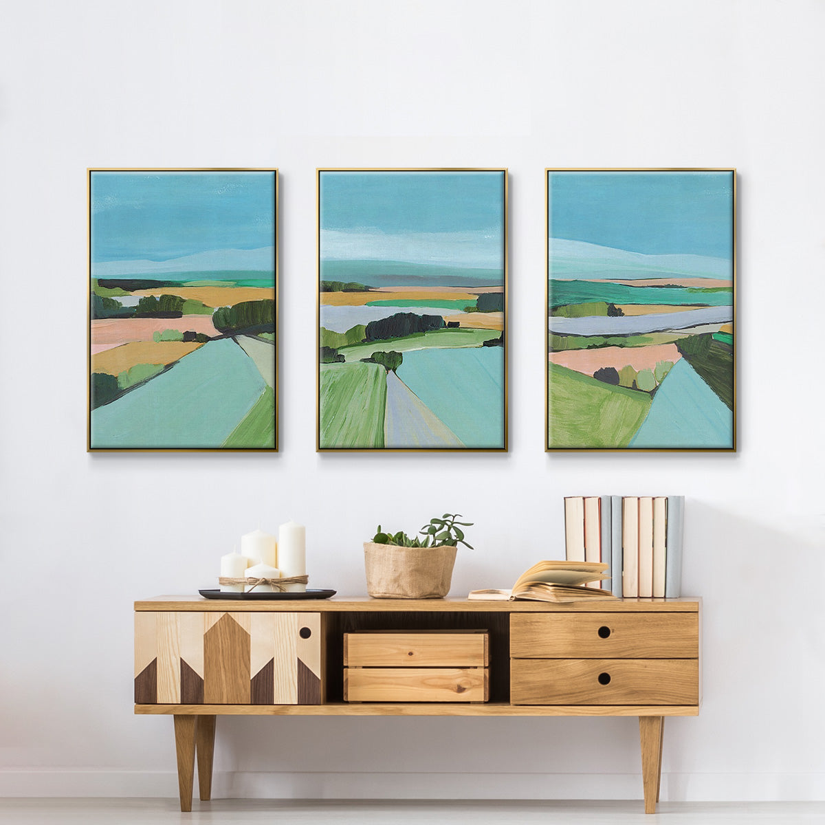 Bright Colored Countryside I - Framed Premium Gallery Wrapped Canvas L Frame 3 Piece Set - Ready to Hang