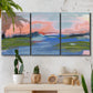 Three-panel canvas wall art featuring sunset reflections across calm sea, displayed in a boho-chic entryway above a console table.
