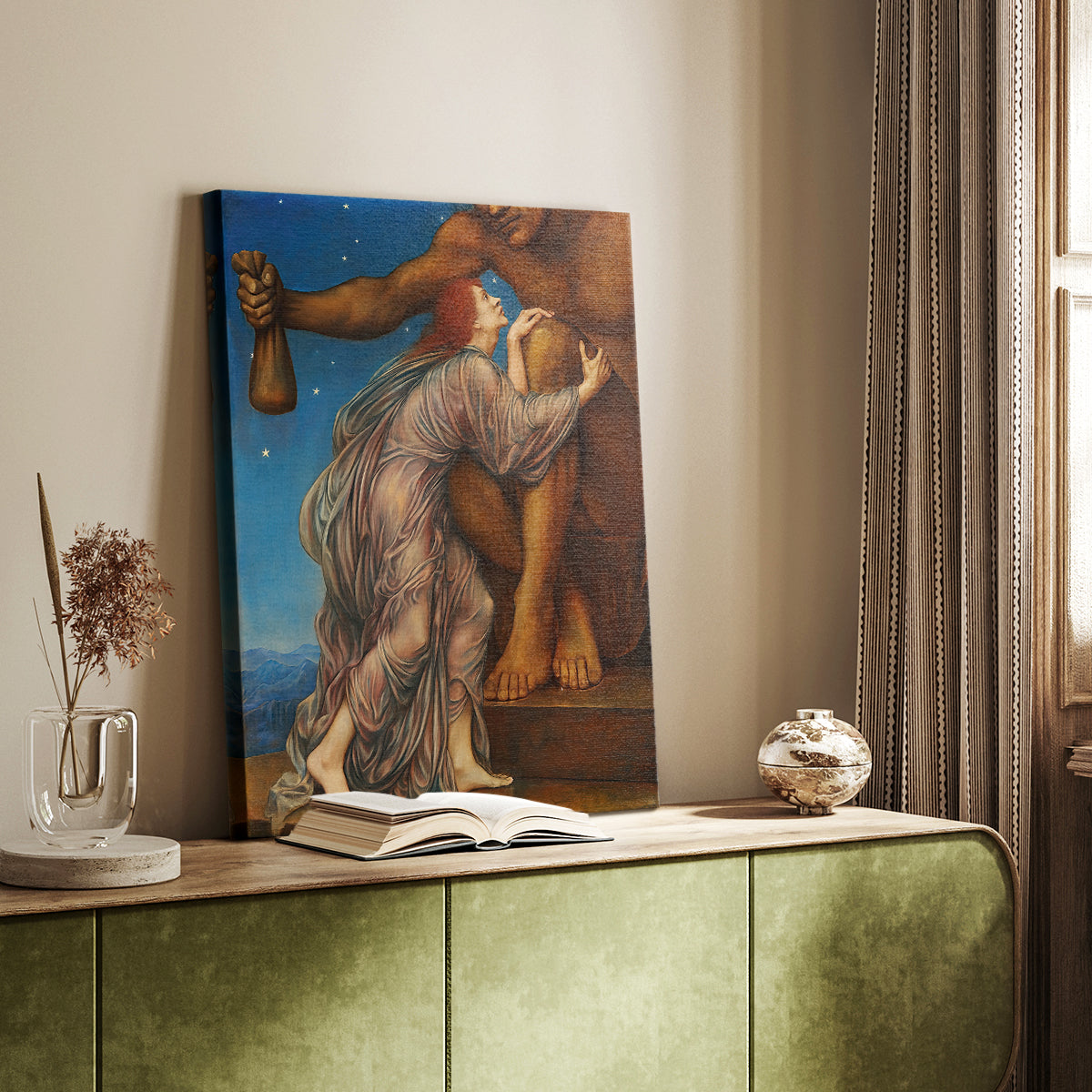 Canvas art print of an allegorical composition with multiple figures and strong contrast styled in a home decor setting.