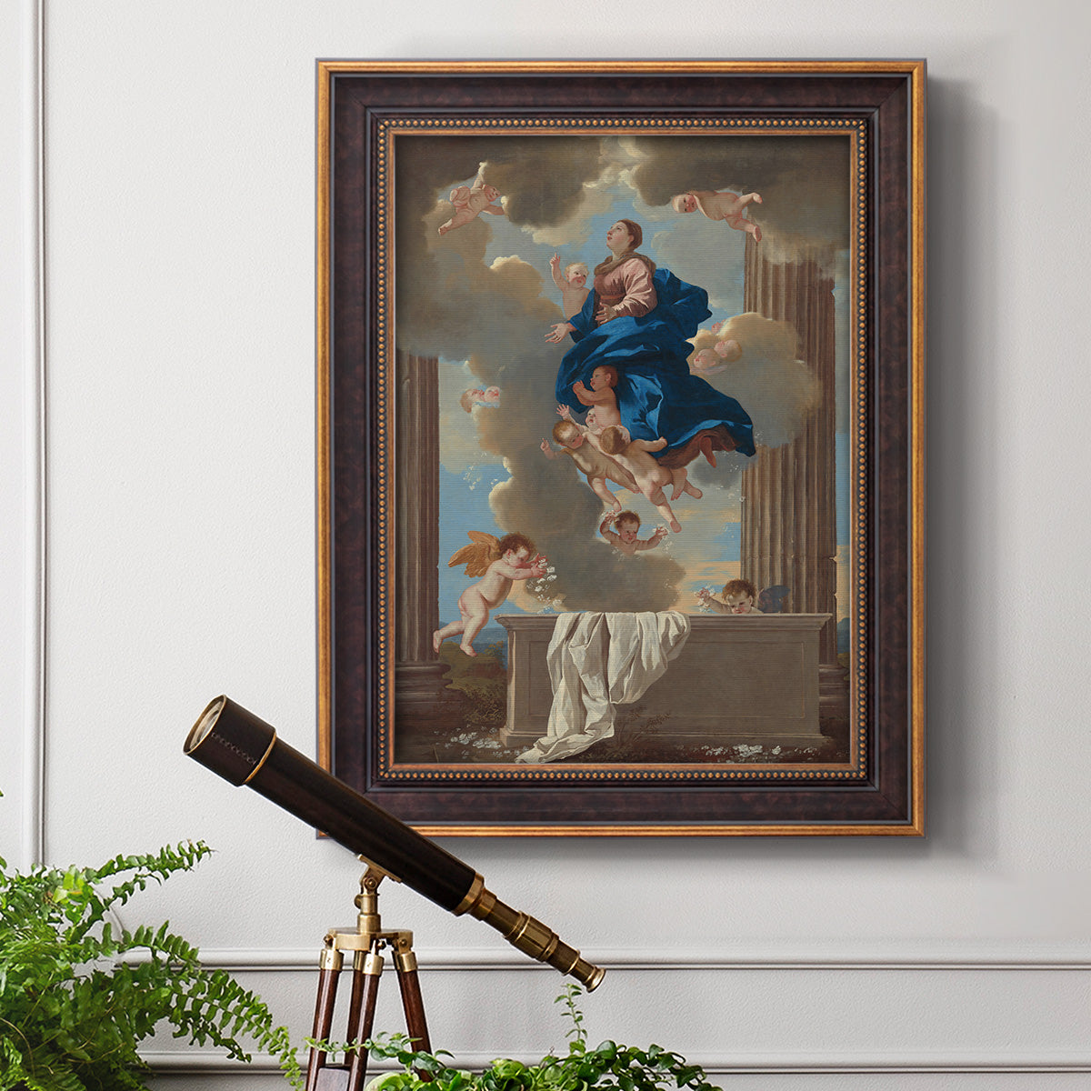 Classical religious depiction of the Assumption of the Virgin by Nicolas Poussin in an ornate bronzed mahogany wood frame displayed in a light-toned interior setting.