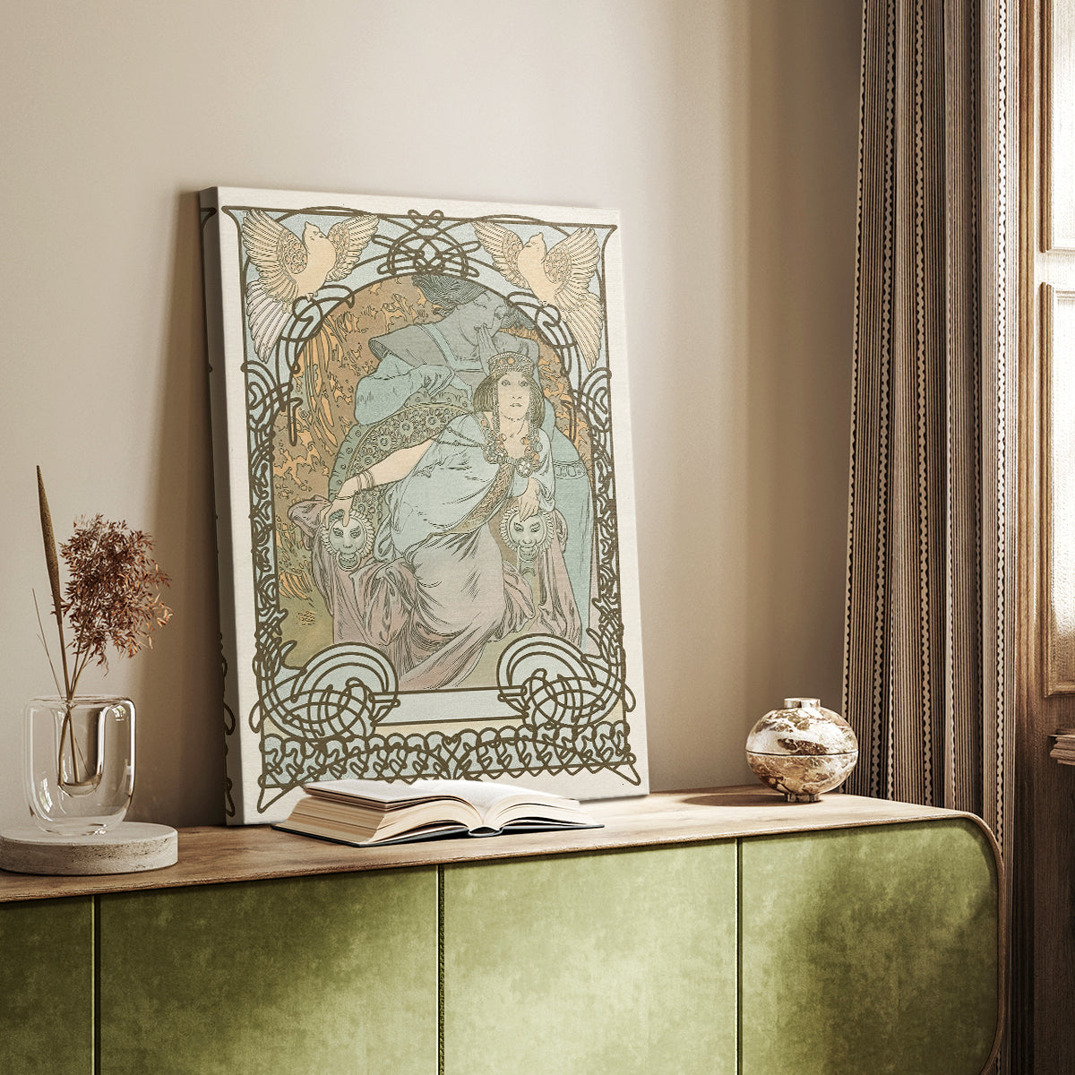 Canvas art print of a stylized female figure with intricate patterns and soft tones styled in a home decor setting.