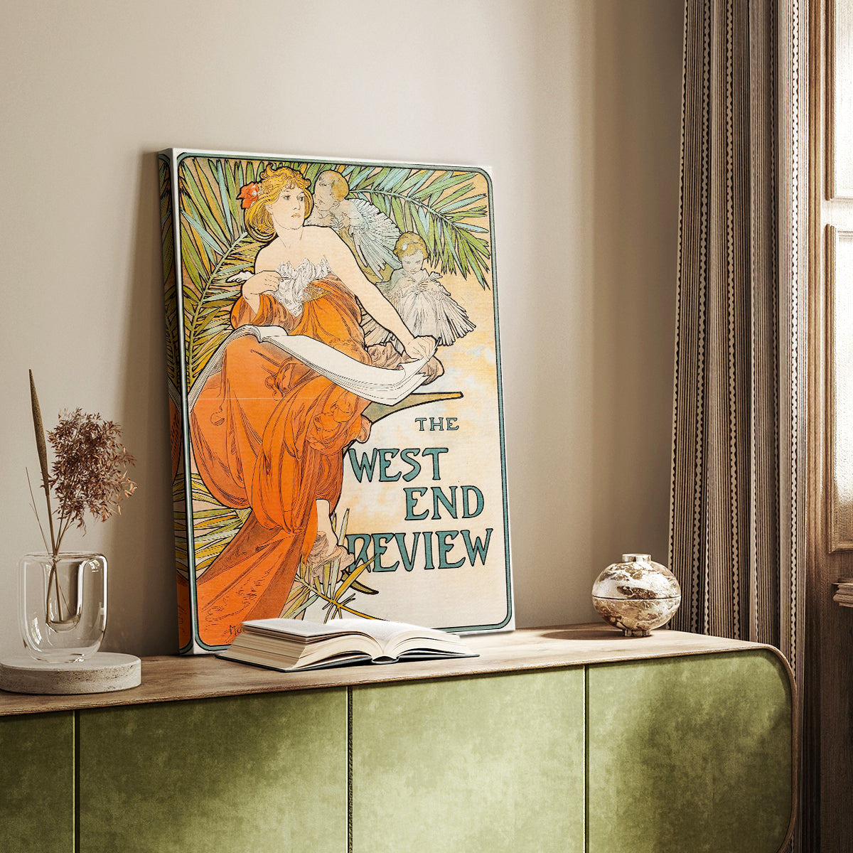 Canvas art print of a vintage advertisement featuring a stylized female figure and text styled in a home decor setting.