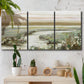 Three-panel canvas wall art featuring pastoral fields under soft sunrise, displayed in a boho-chic entryway above a console table.