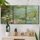 Three-panel canvas wall art featuring muted water lily pond, displayed in a boho-chic entryway above a console table.