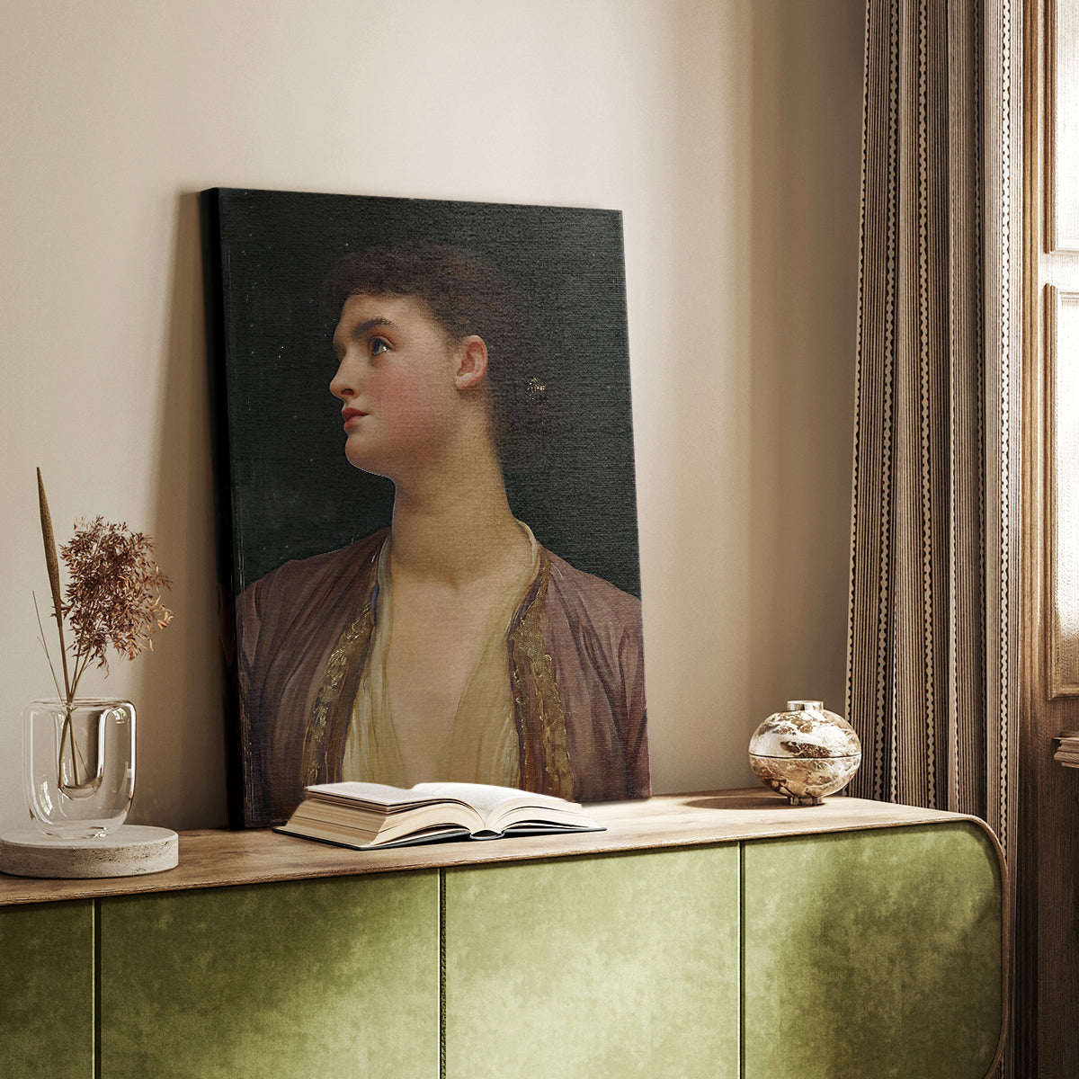 Canvas art print of a refined female figure with smooth tones and delicate features styled in a home decor setting.