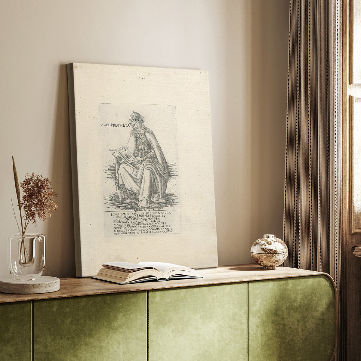 Canvas art print of a classical figure rendered in etched lines with minimal shading styled in a home decor setting.