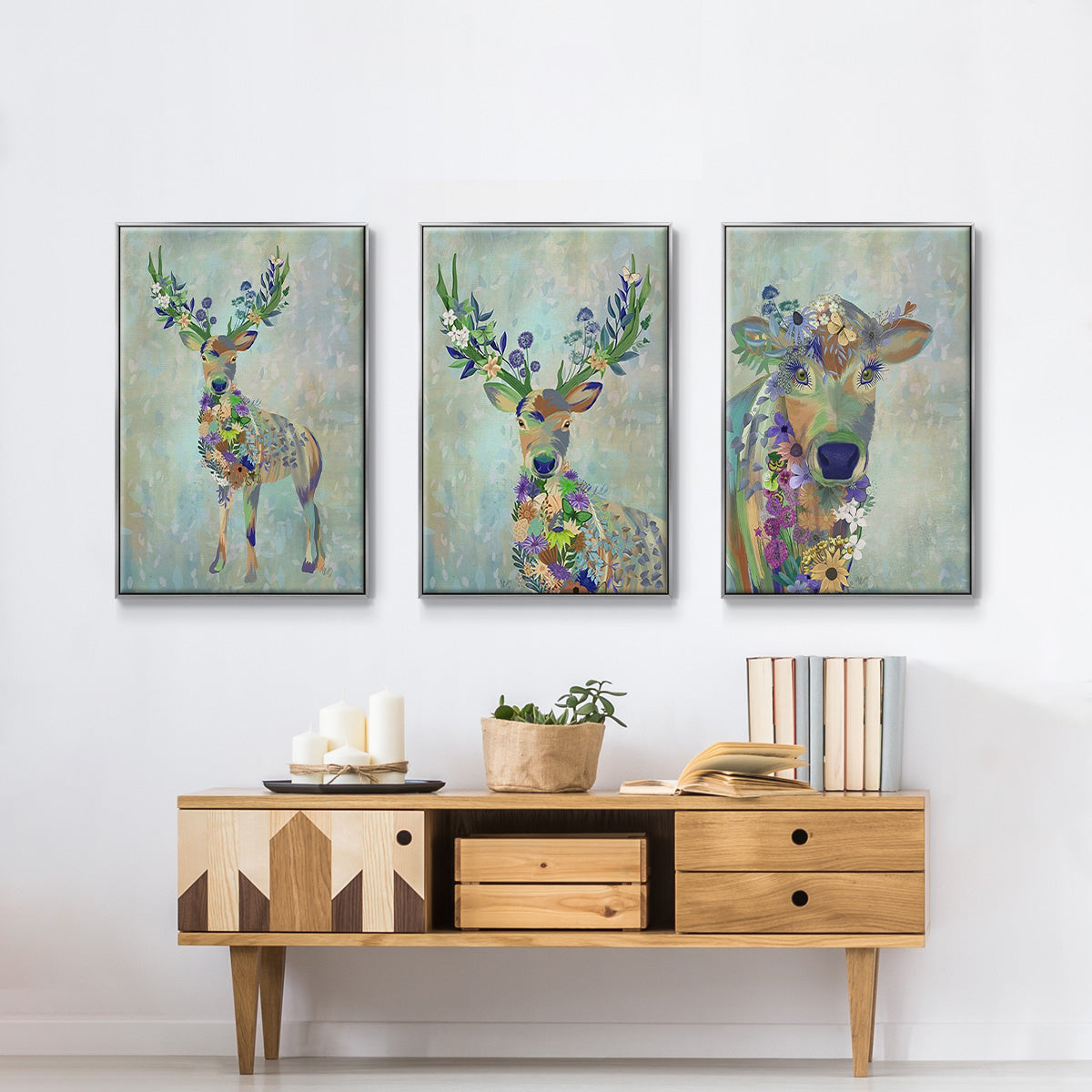 Fantastic Florals Cow - Framed Premium Gallery Wrapped Canvas L Frame 3 Piece Set - Ready to Hang