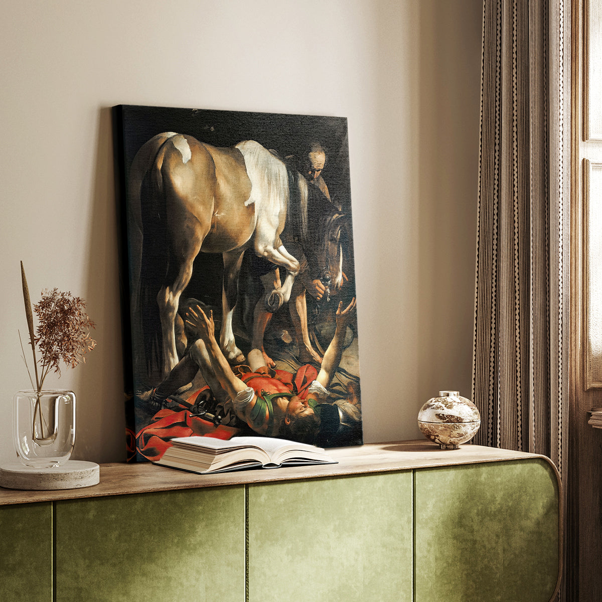 Canvas art print of a religious composition with a figure on the ground and strong contrast styled in a home decor setting.