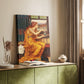 Canvas art print of a figure engaged in ritual with warm tones and detailed surroundings styled in a home decor setting.