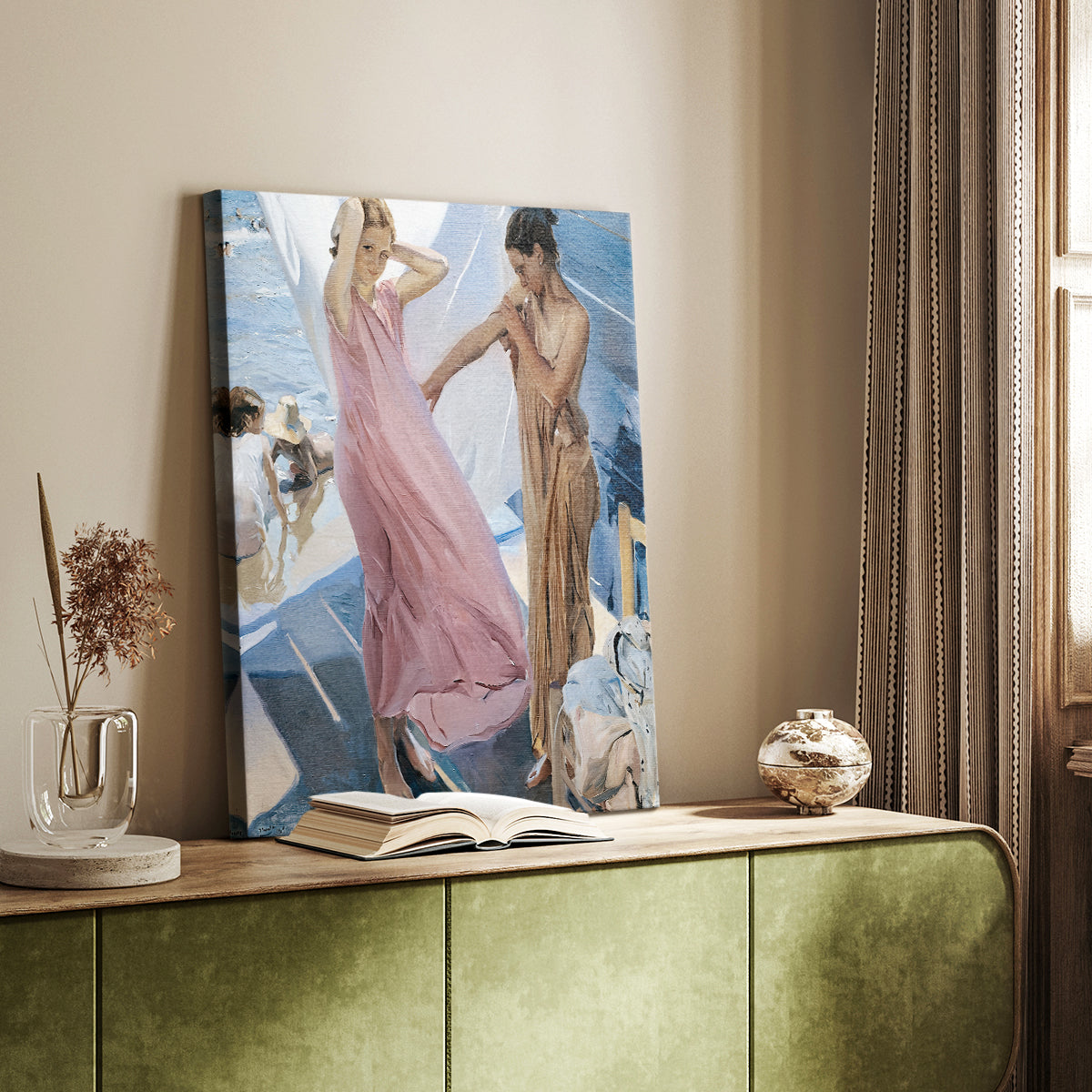 Canvas art print of a bright composition with figure and gentle tones styled in a home decor setting.