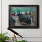 Impressionist coastal beach scene with boats by Claude Monet in an ornate black frame with gilded inner detail displayed in a light-toned interior setting.