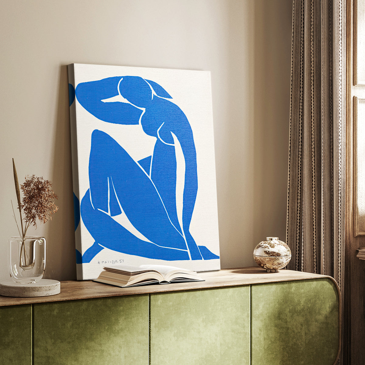 Canvas art print of a stylized composition with bold shapes and minimal detail styled in a home decor setting.