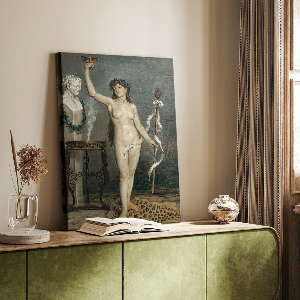 Canvas art print of a classical figure with soft light and natural tones styled in a home decor setting.