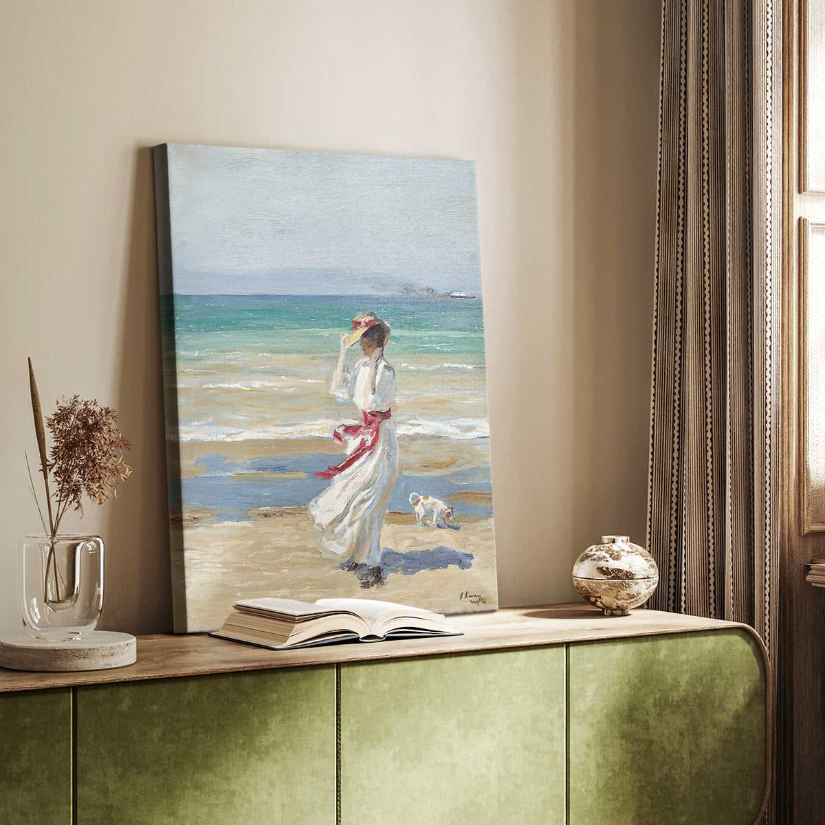 Canvas art print of a coastal composition with movement and bright natural light styled in a home decor setting.