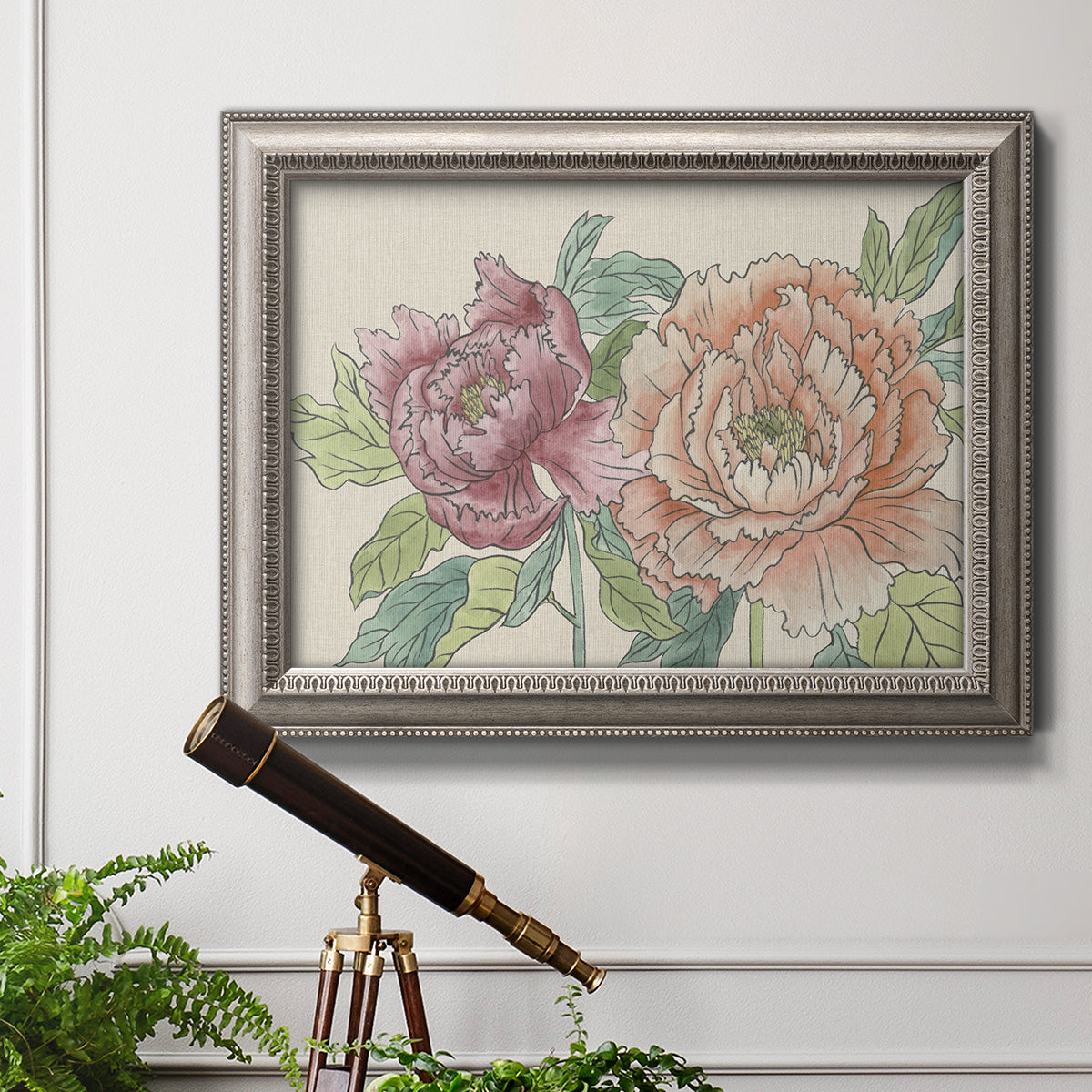 Modern peony floral drawing in an ornate vintage silver frame displayed in a light-toned interior setting.
