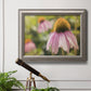 Echinacea flower botanical photography in an ornate vintage silver frame displayed in a light-toned interior setting.