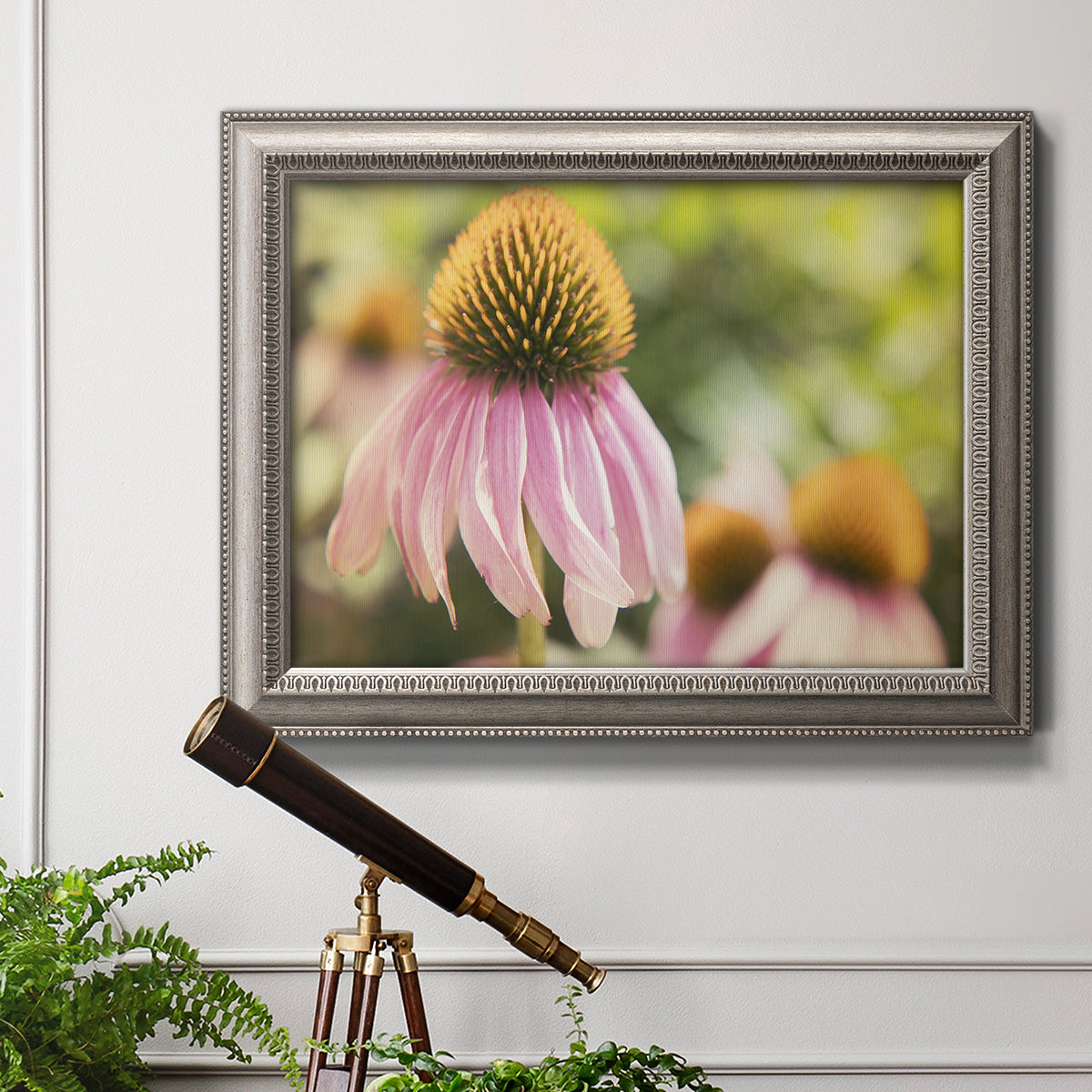 Close-up echinacea bloom photography in an ornate vintage silver frame displayed in a light-toned interior setting.