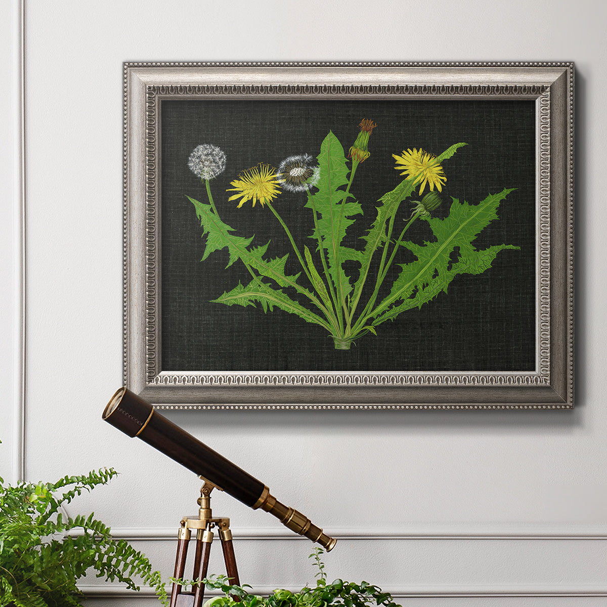 Vintage botanical dandelion flower illustration in an ornate vintage silver frame displayed in a light-toned interior setting.