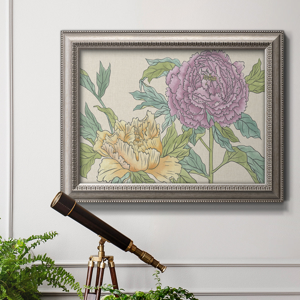 Contemporary peony flower illustration in an ornate vintage silver frame displayed in a light-toned interior setting.