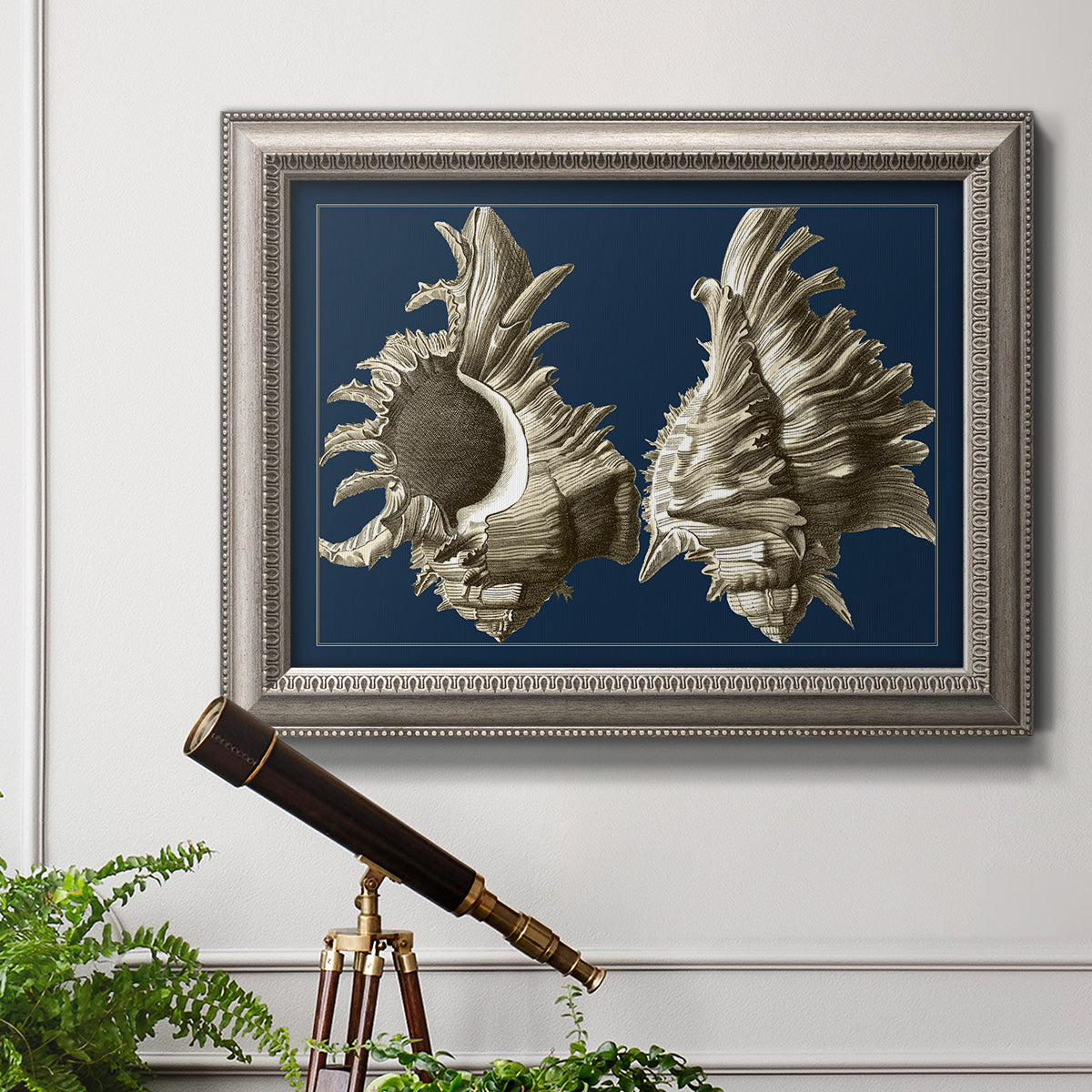 Vintage nautical conch shell artwork on navy background in an ornate vintage silver frame displayed in a light-toned interior setting.