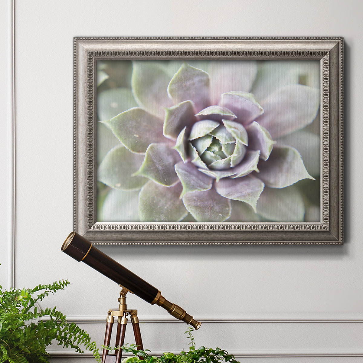 Soft abstract floral botanical photography in an ornate vintage silver frame displayed in a light-toned interior setting.