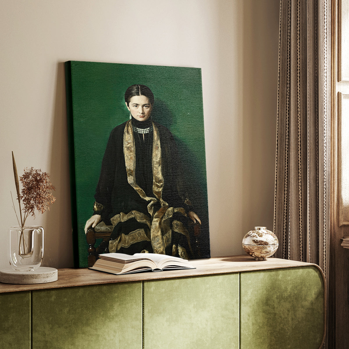 Canvas art print of a refined figure with subtle shading and calm presence styled in a home decor setting.