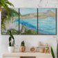 Three-panel canvas wall art featuring open landscape with landing strip, displayed in a boho-chic entryway above a console table.