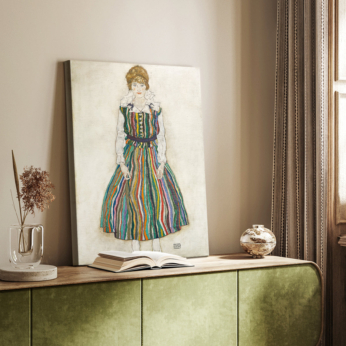 Canvas art print of a figure with elongated form and muted expressive tones styled in a home decor setting.
