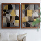 Set of two maple barnwood framed canvas prints depicting semicircles, rectangles, textured panels, and metallic-looking accents arranged across two complementary compositions above a sofa in a bright living space.