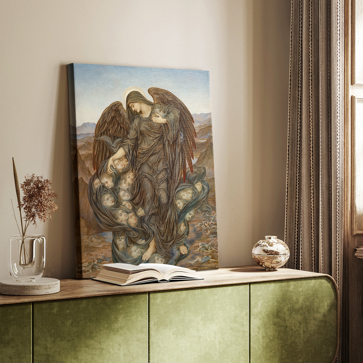 Canvas art print of a dramatic composition with figures lying across a barren field styled in a home decor setting.
