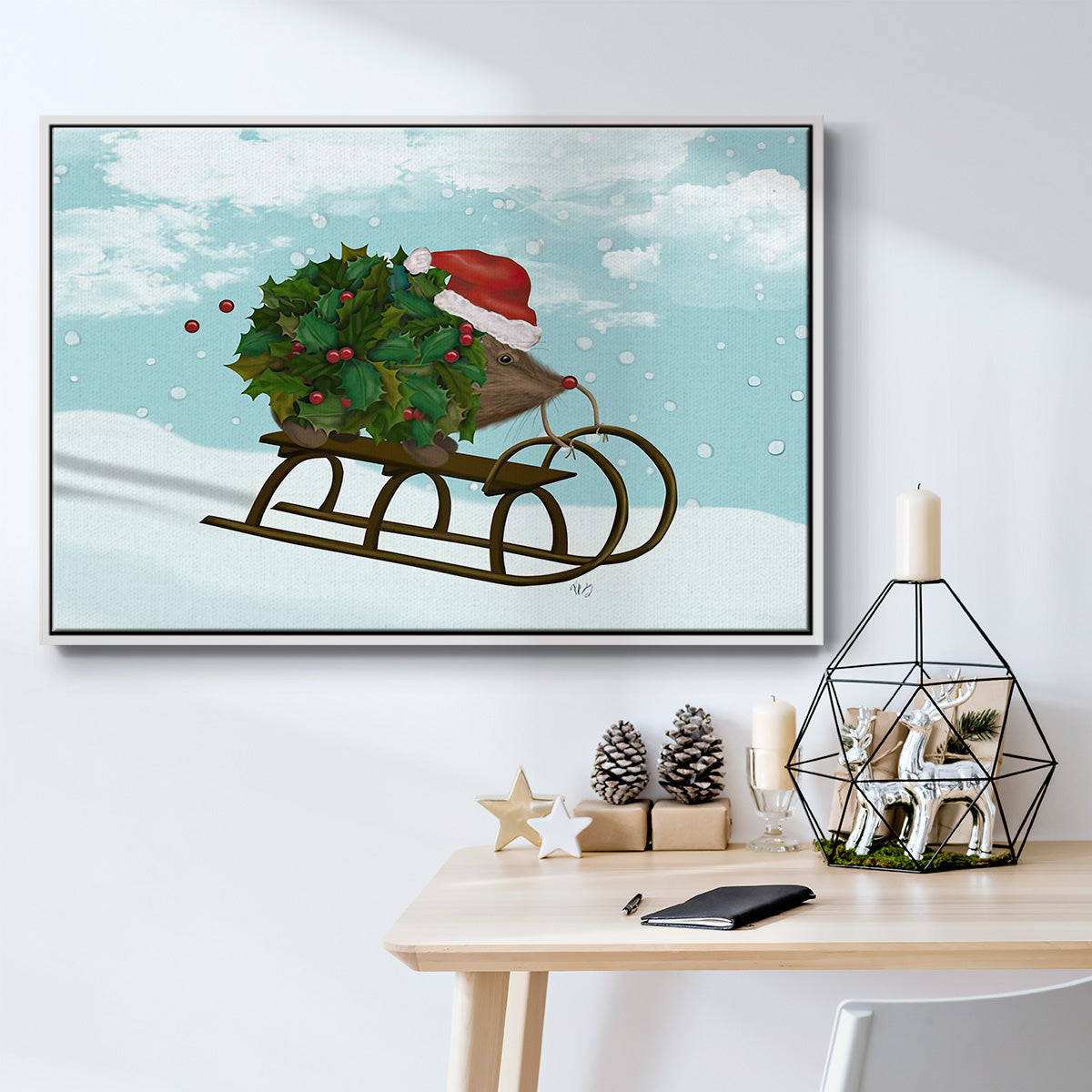 Christmas Holly Hedgehog Sledding - Framed Gallery Wrapped Canvas in Floating Frame