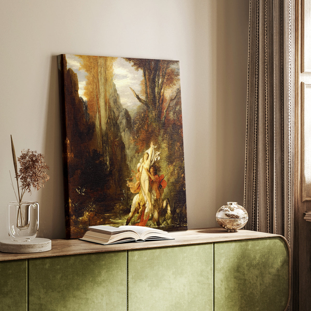 Canvas art print of a mythic composition with a figure and rich autumnal color styled in a home decor setting.