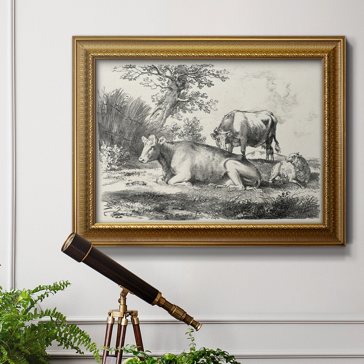 Classical pastoral landscape artwork by Nicolas Berchem in an ornate traditional gold frame displayed in a light-toned interior setting.