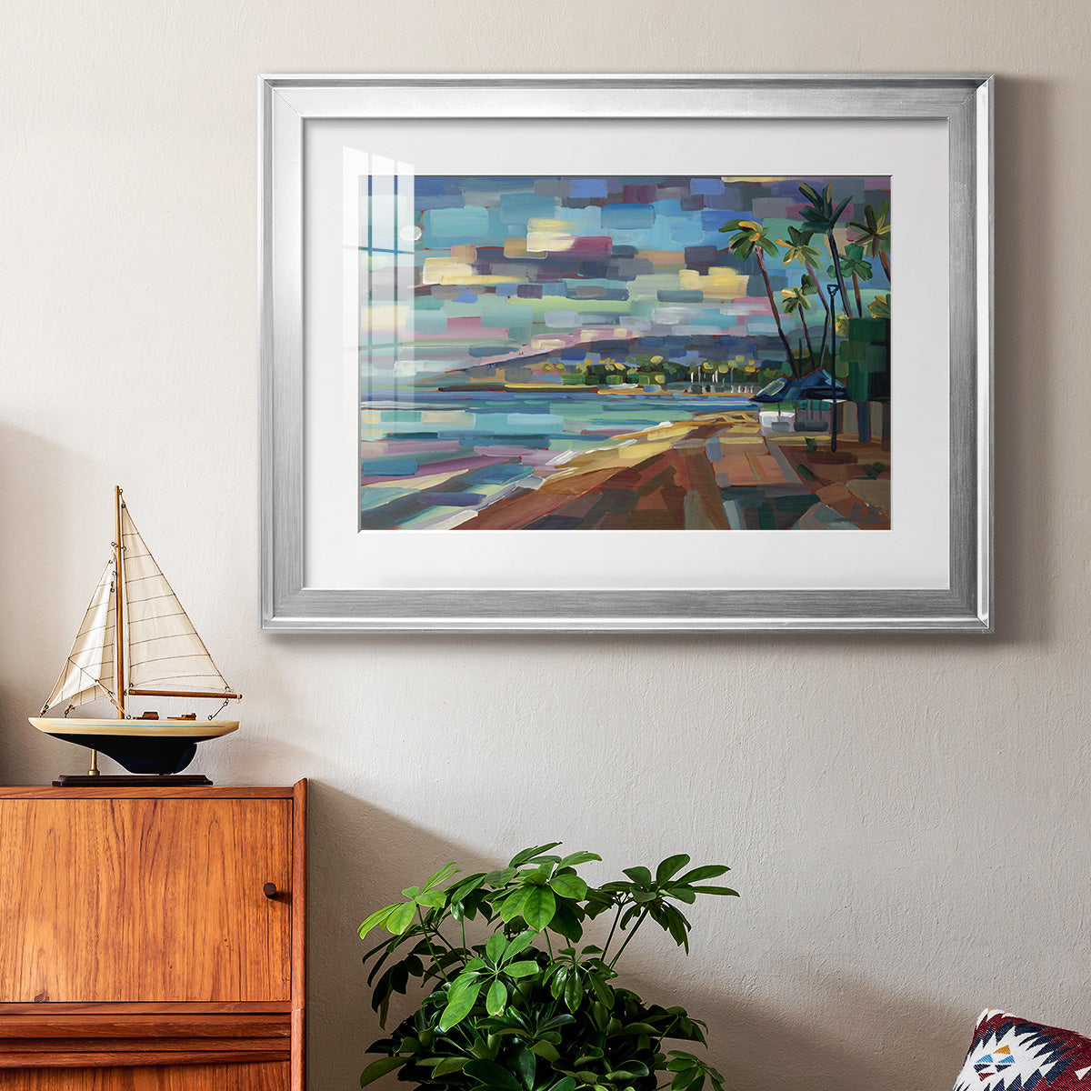 Morning Moon Over Waikiki - Modern Framed Art Print