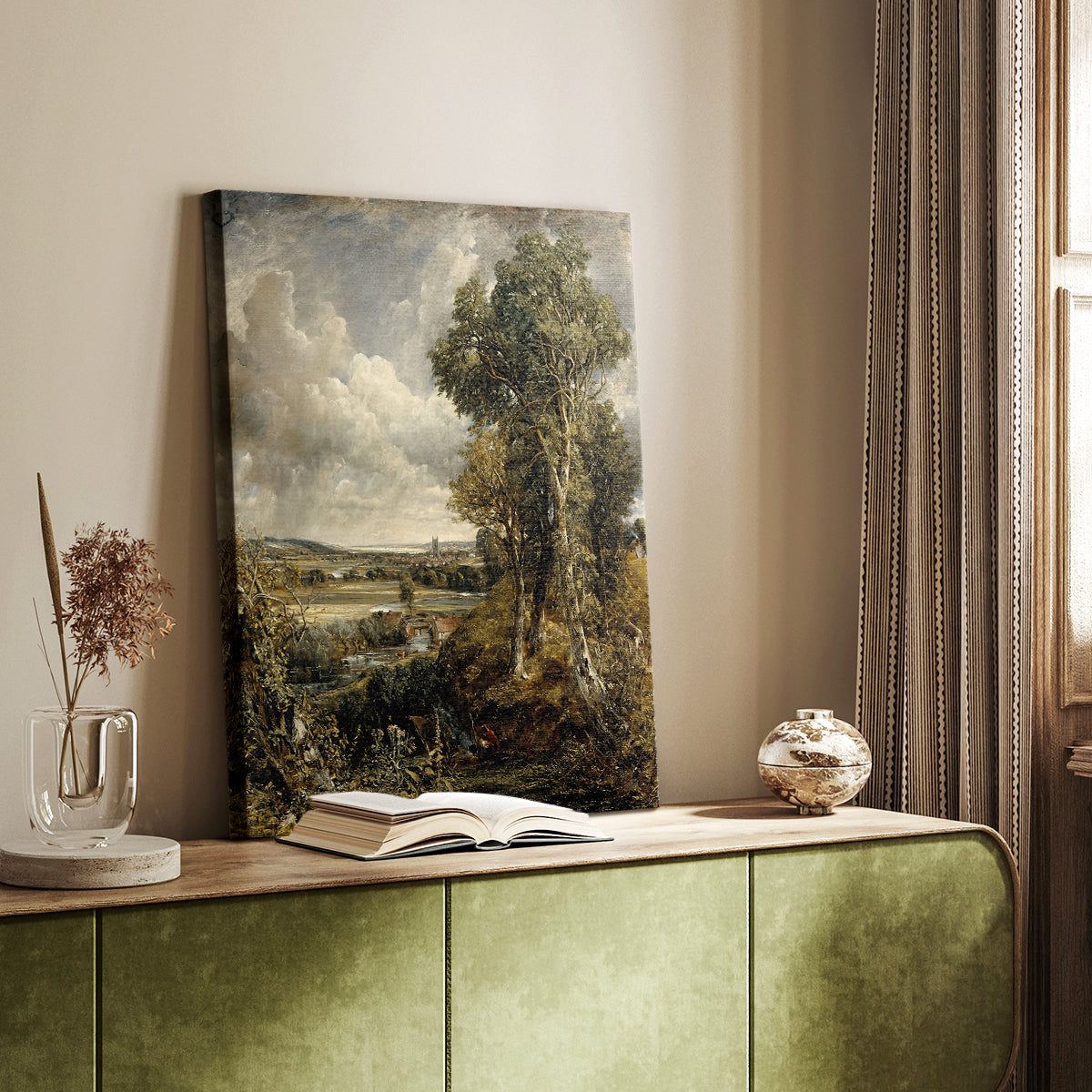 Canvas art print of a panoramic countryside with soft light and layered depth styled in a home decor setting.