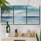 Three-panel canvas wall art featuring calm coastal shoreline, displayed in a boho-chic entryway above a console table.