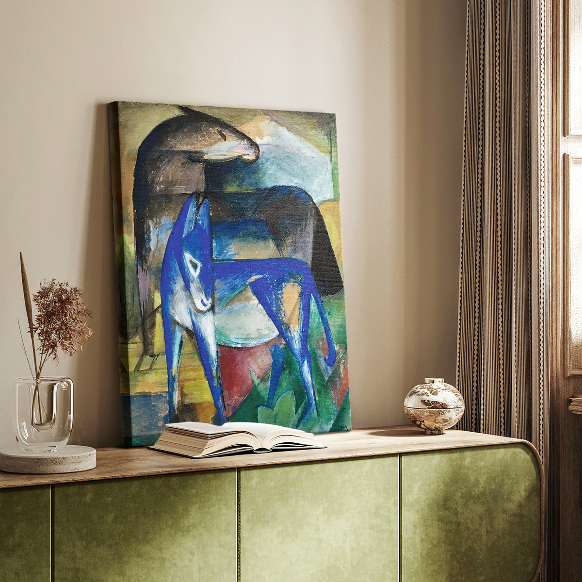 Canvas art print of a playful animal composition with bold color and simple forms styled in a home decor setting.