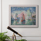 Impressionist harbor scene by Paul Signac in an ornate weathered white frame displayed in a light-toned interior setting.