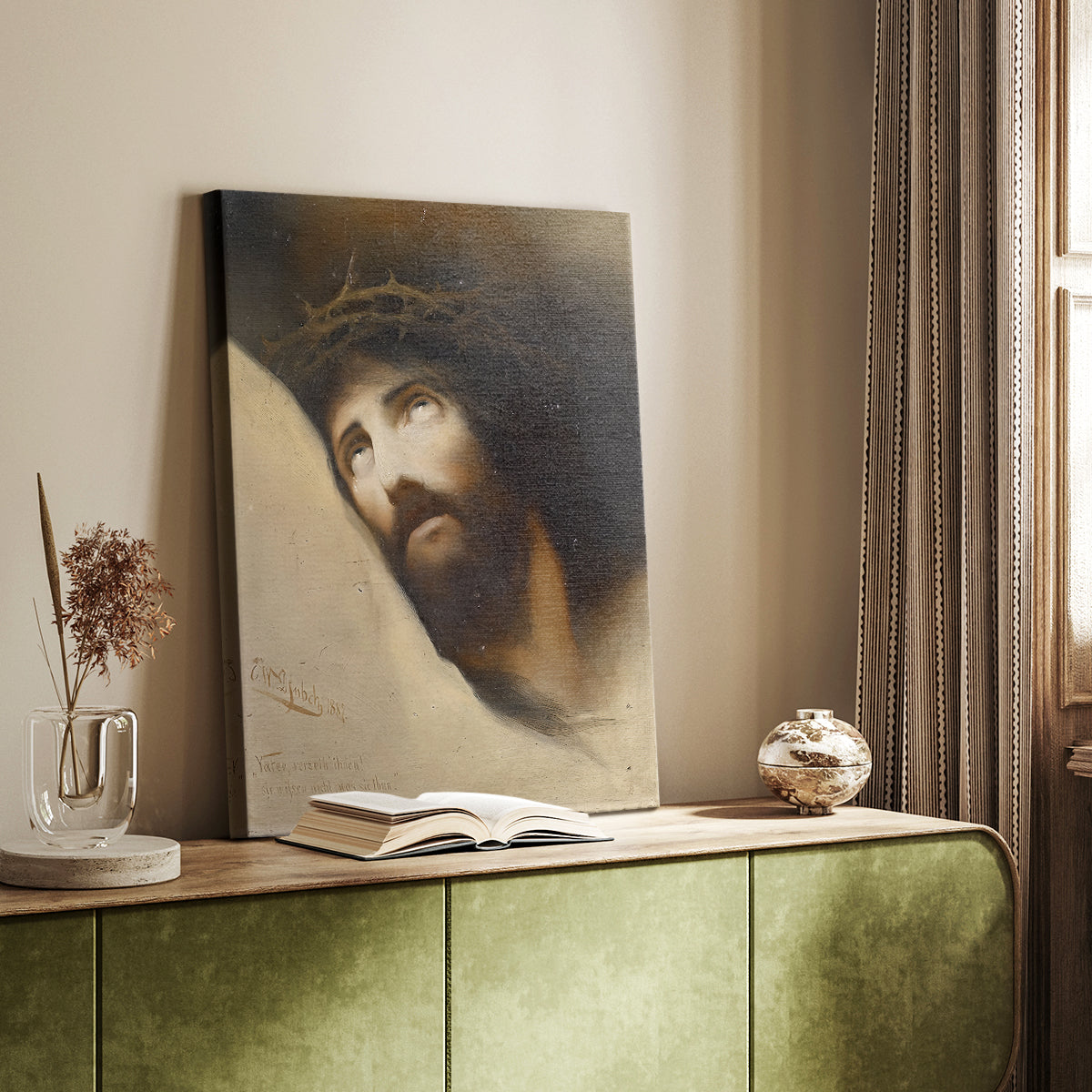 Canvas art print of a spiritual composition with gentle tones and quiet emotion styled in a home decor setting.