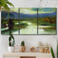 Three-panel canvas wall art featuring open meadow landscape with distant hills, displayed in a boho-chic entryway above a console table.