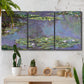Three-panel canvas wall art featuring purple haze water lily pond, displayed in a boho-chic entryway above a console table.