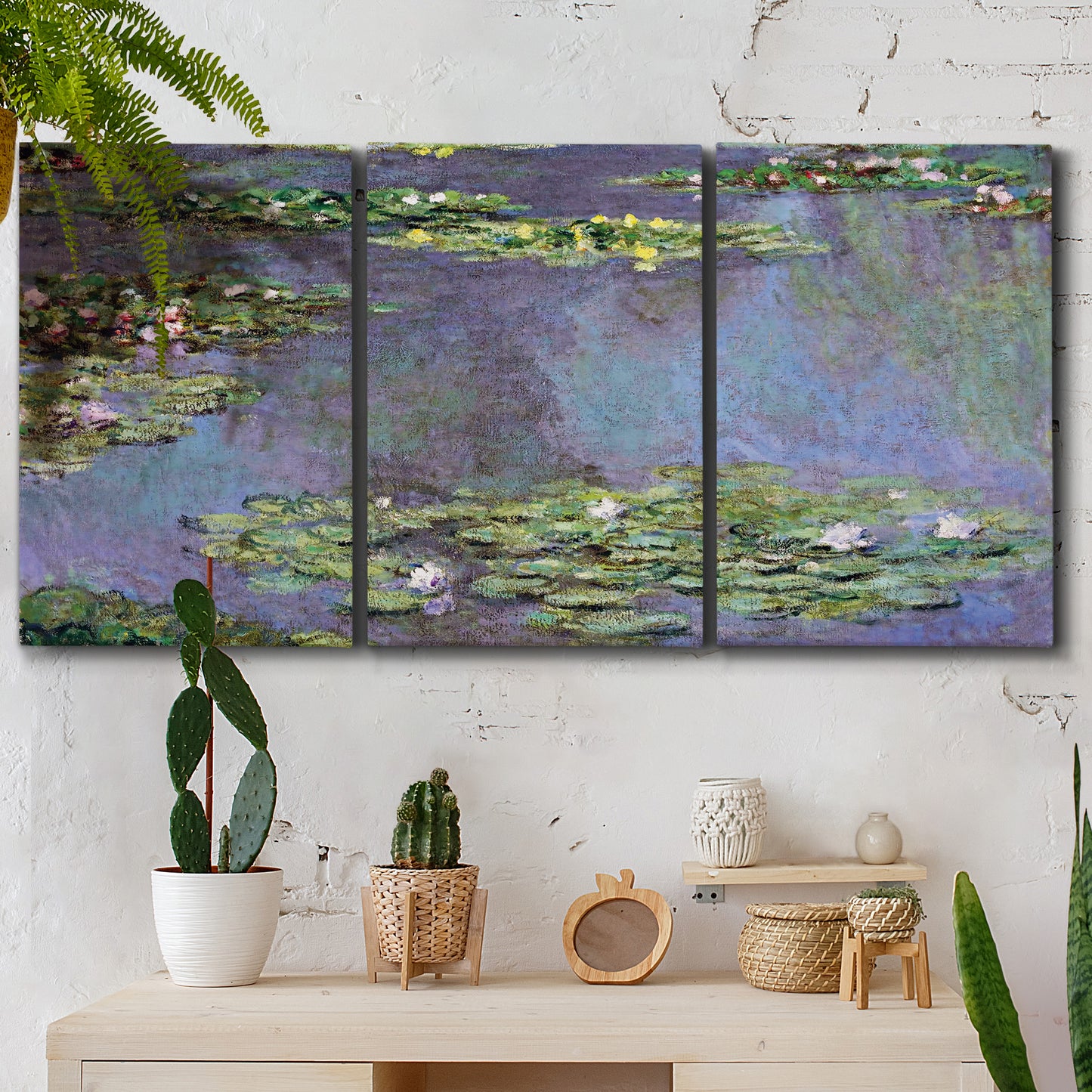 Three-panel canvas wall art featuring purple haze water lily pond, displayed in a boho-chic entryway above a console table.