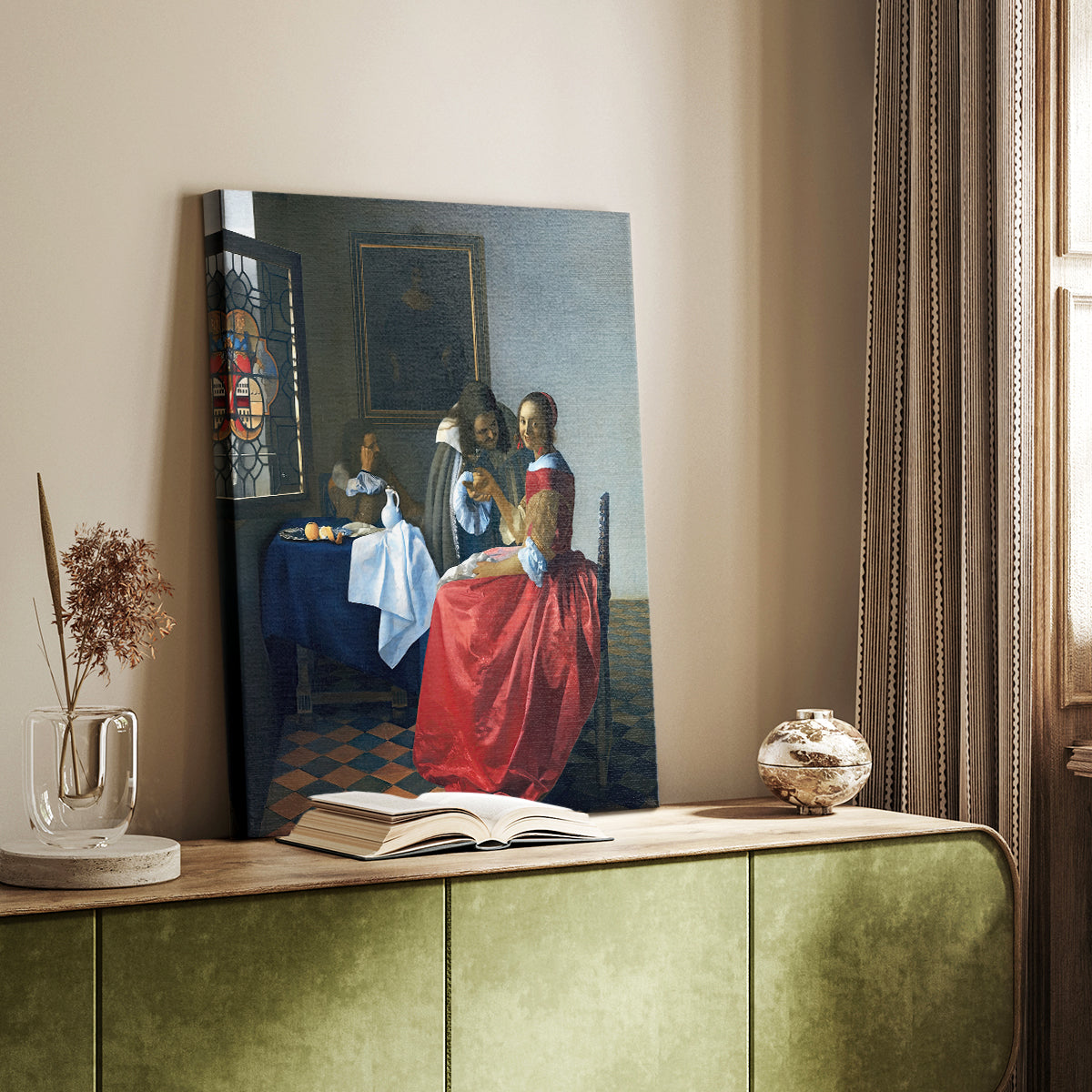 Canvas art print of a calm domestic scene with figure and gentle tones styled in a home decor setting.