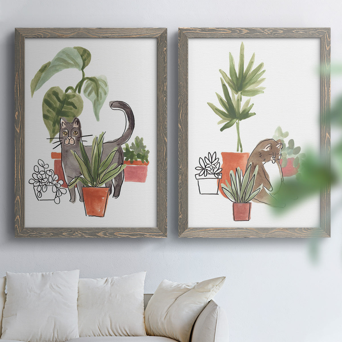 Purrfect Plants I - Premium Framed Canvas 2 Piece Set - Ready to Hang