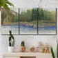 Three-panel canvas wall art featuring riverbank landscape with trees, displayed in a boho-chic entryway above a console table.