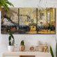 Three-panel canvas wall art featuring calm tropical shoreline at dusk, displayed in a boho-chic entryway above a console table.
