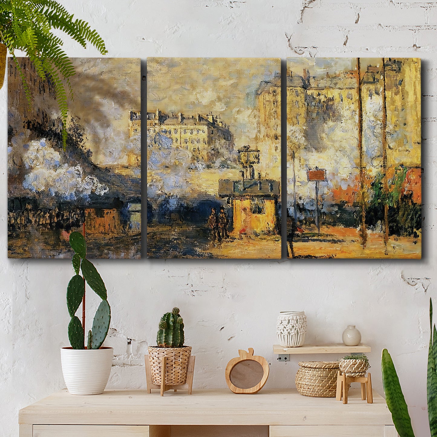 Three-panel canvas wall art featuring calm tropical shoreline at dusk, displayed in a boho-chic entryway above a console table.
