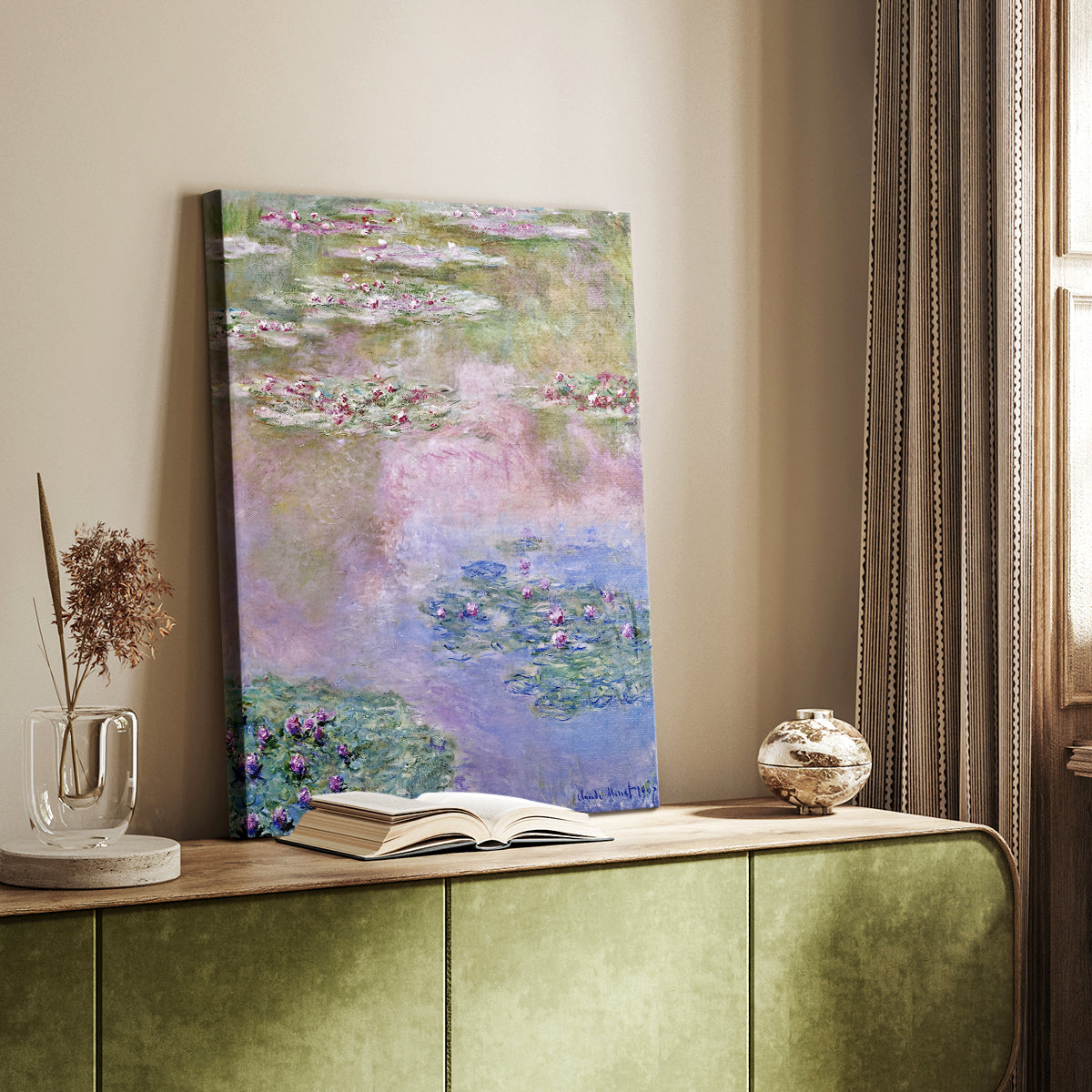 Canvas art print of a tranquil pond with soft reflections and layered color styled in a home decor setting.