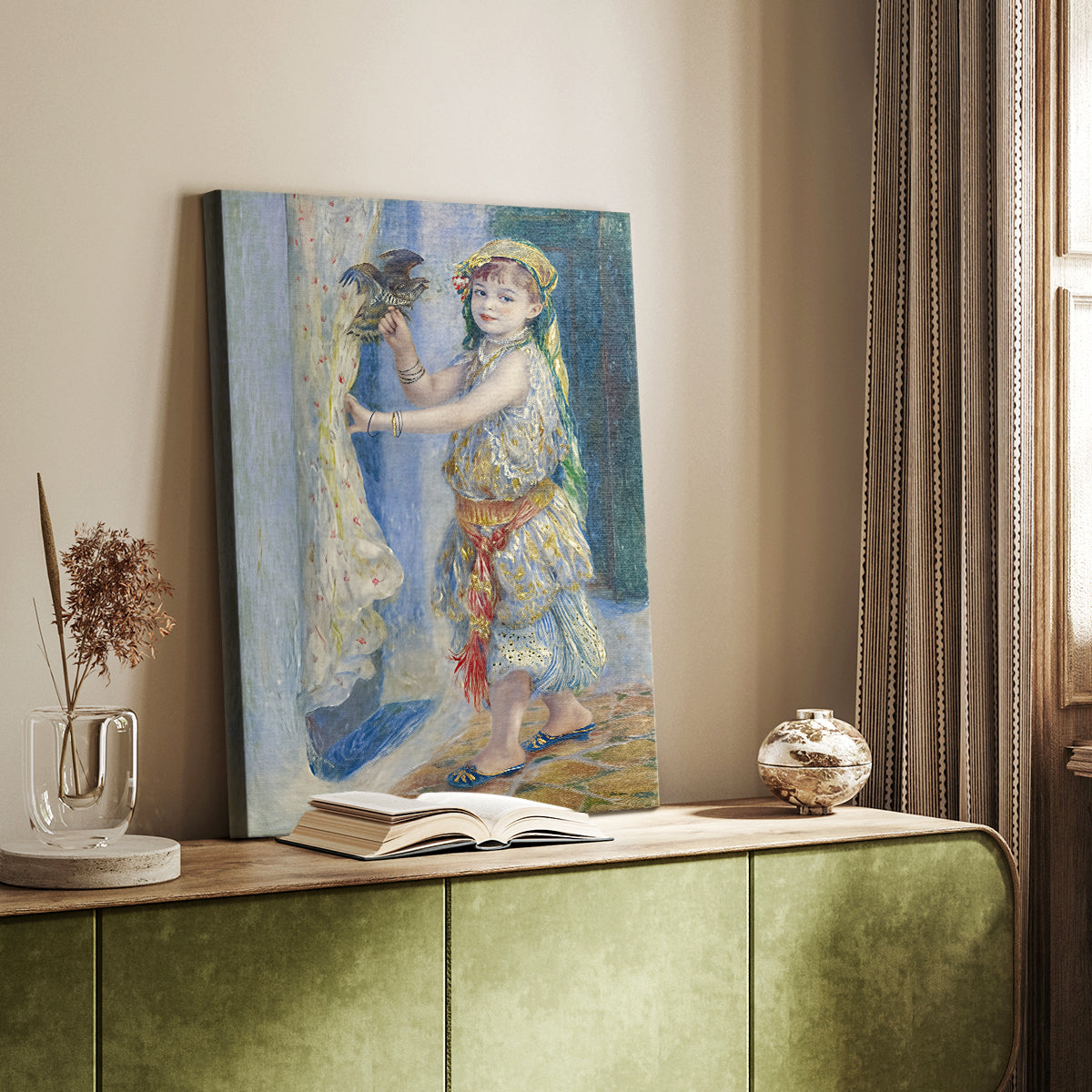 Canvas art print of a delicate figure with a bird in a calm, gentle setting styled in a home decor setting.