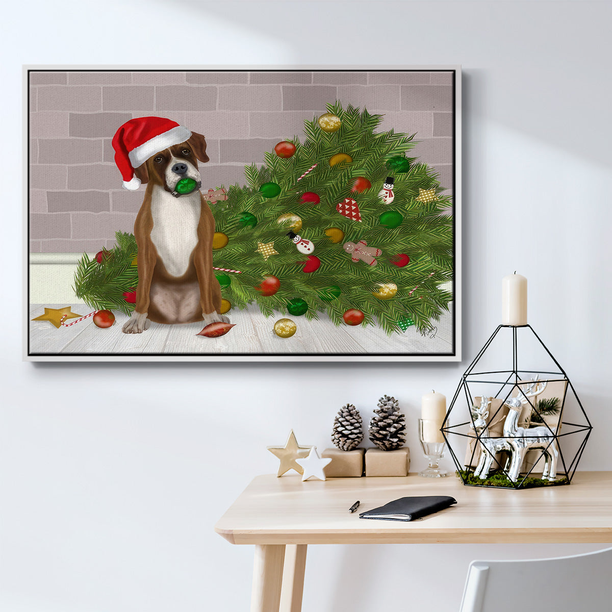 Christmas Boxer and Broken Christmas Tree - Framed Gallery Wrapped Canvas in Floating Frame